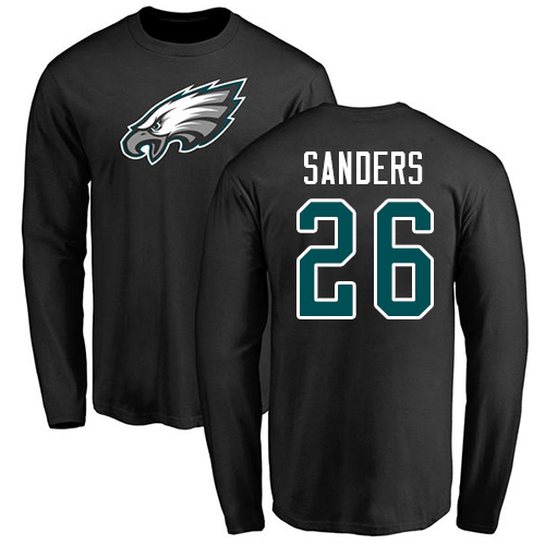 Men Philadelphia Eagles #26 Miles Sanders Black Name and Number Logo Long Sleeve NFL T Shirt->nfl t-shirts->Sports Accessory
